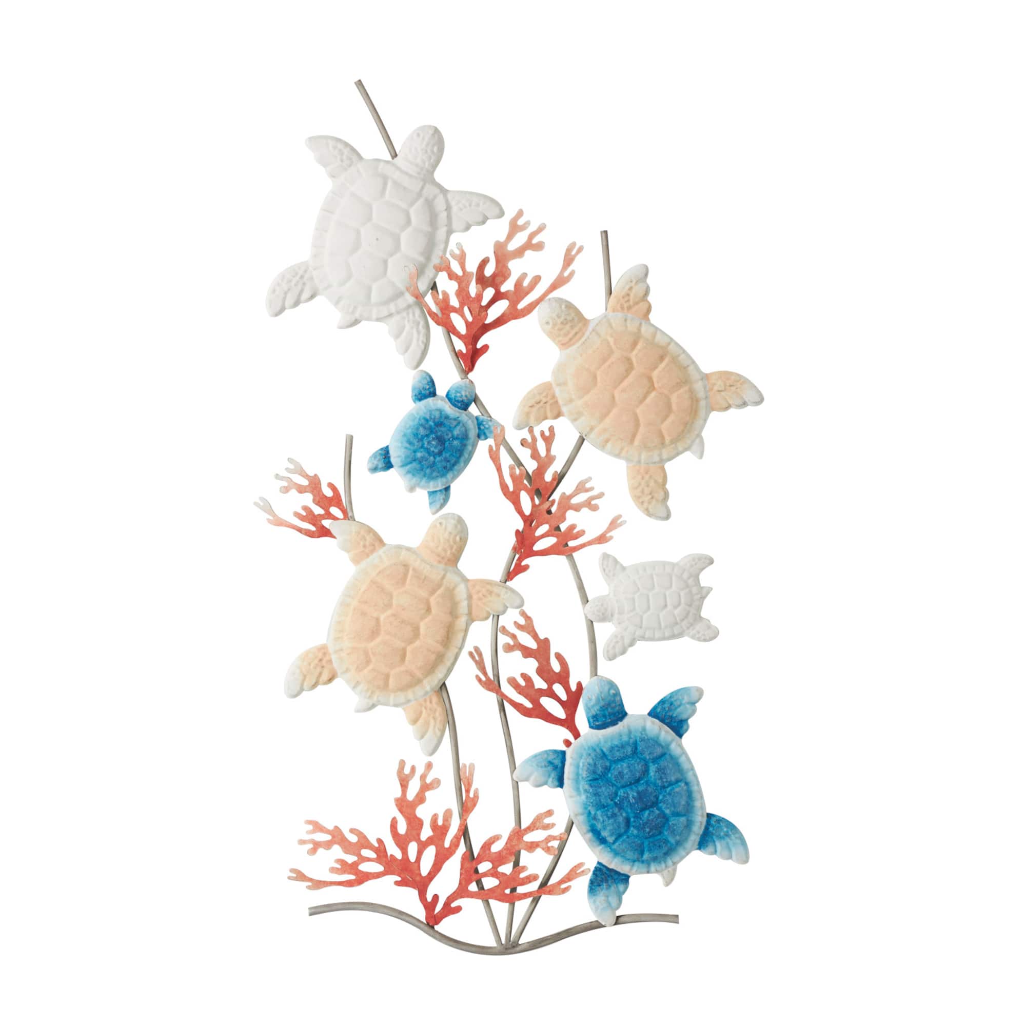 Metal turtle swimming wall décor with red coral accents